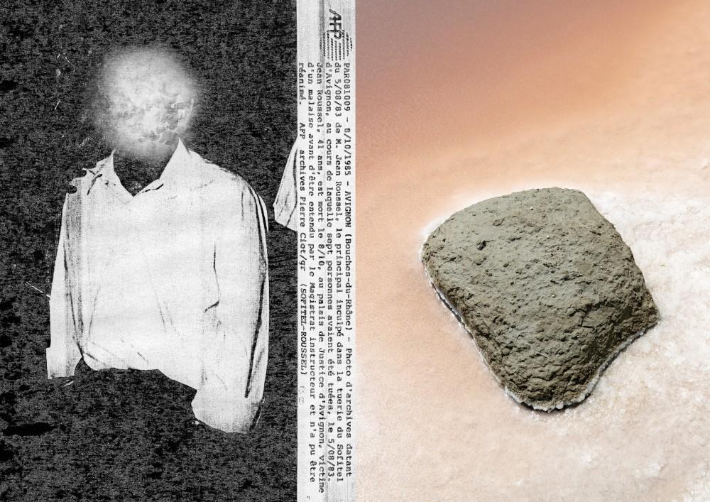 Double page du livre Chambre 207. - 01 - Inculp&eacute; Roussel (t&eacute;l&eacute;photo, 8 octobre 1985 / afp). - 02 - Salin-de-Giraud, Arles.